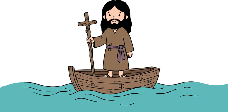 Jesus Christ Standing in Wooden Boat Holding Cross Staff Cartoon Vector Illustration