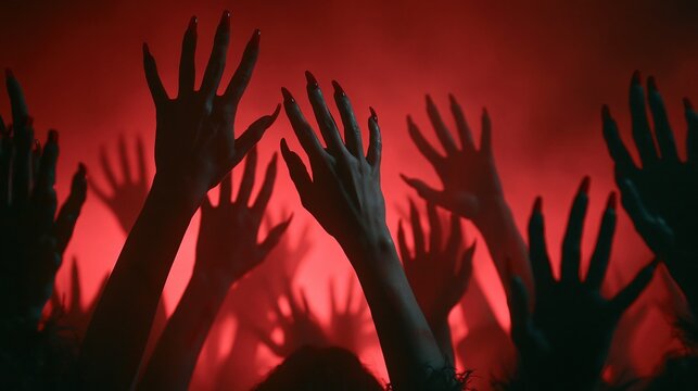 Eerie red glow illuminates a crowd of raised hands with clawed fingertips, suggesting a dark ritual or supernatural gathering