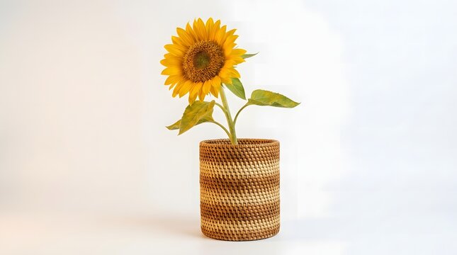 A single sunflower stem arranged in a woven rattan vase against a soft background.