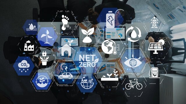 Net zero and sustainability concepts with environmental balance, digital sustainability icons, green energy goals, and eco-conscious digital business transformation for the future. Funnel