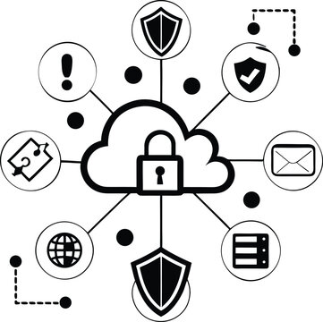Vector cloud security concept diagram with padlock server shield email and network protection icons in black line art