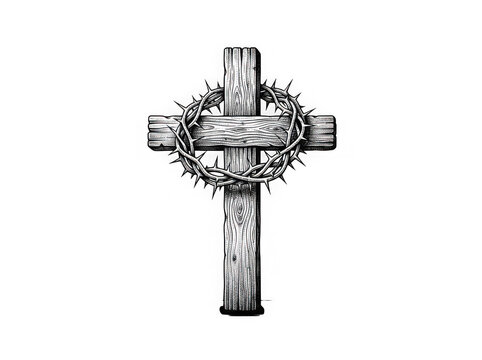 Intricate wooden cross with crown of thorns isolated on transparent background