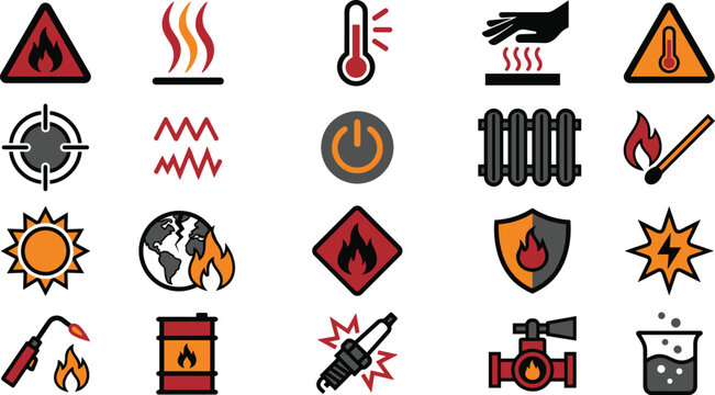 Fire Safety and Heat Warning Icon Collection Featuring Hazard Symbols, Temperature Alerts, Combustion Signs, Emergency Equipment, and Industrial Vector Elements