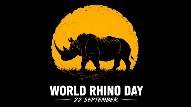 World Rhino Day black silhouette of rhinoceros against a large textured yellow sun