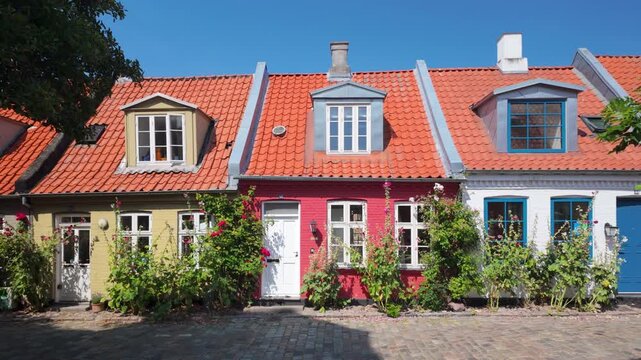 Mollestien is a historic, picturesque cobblestone street in Aarhus, colorful old houses. Steady shot.