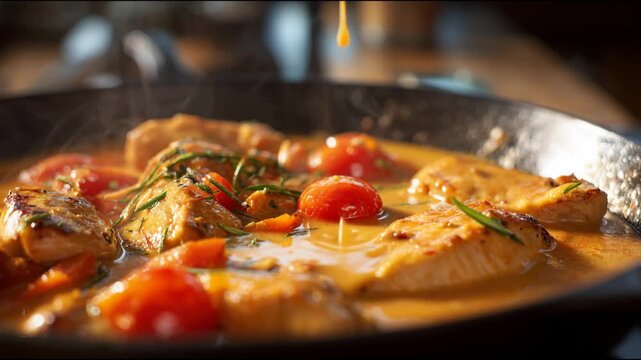 Rich, creamy sauce pouring over simmering salmon with cherry tomatoes and rosemary in a hot pan