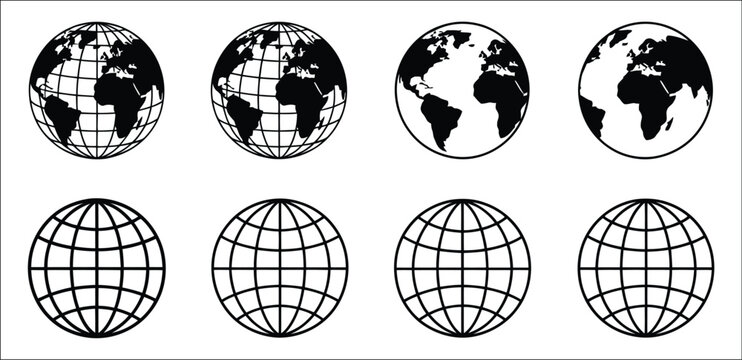 Black and white globe vector icon collection featuring continents, latitude and longitu grids, world geography, international communication, global business, navigation and geographic symbols in clean