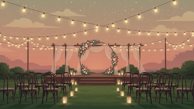 Beautiful outdoor wedding ceremony setup at sunset with string lights and floral arch.