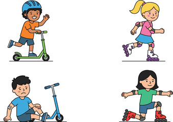 Set of Cute Happy Kids Riding Kick Scooters and Roller Skating wearing Safety Helmets with One Injured Boy Crying After Falling Down Vector Illustrations