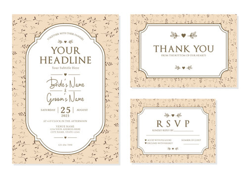 Beige Brown Botanical Wedding Invitation Suite Vector Template
