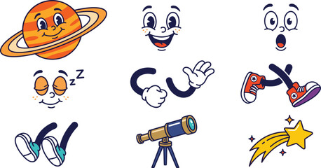 Cute retro cartoon vector astronomy and space set with planet telescope shooting star and character elements © MSTSORZO
