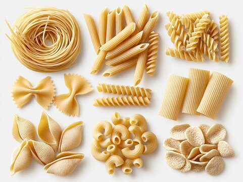Assortment of Dry Pasta Shapes and Varieties Arranged Artistically on White Background