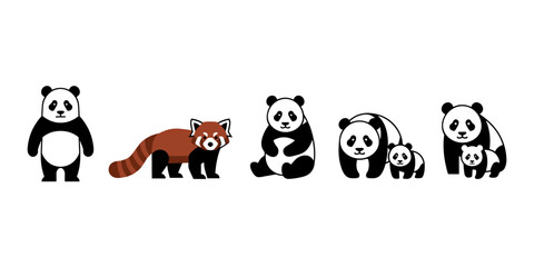 Obraz premium Cartoon panda family and red panda character set with playful animal illustrations