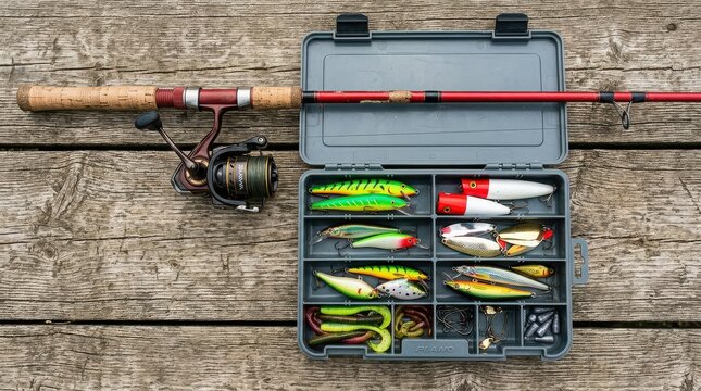 Fishing Rod with Reel and Open Tackle Box Full of Colorful Lures on a Weathered Wooden Dock Background