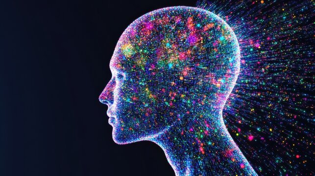 Human head formed by colorful particles exploding outward