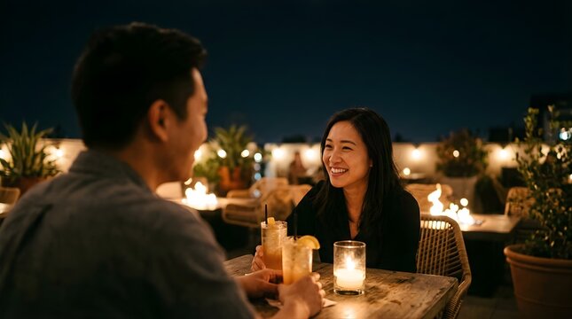 Happy couple talking and drinking cocktails at an outdoor rooftop bar