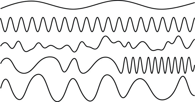 Set of various black sine wave lines and sound frequency patterns for design