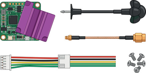Fototapeta premium FPV Drone Video Transmitter Module Kit with Purple Heatsink Circuit Board Antenna Coaxial Pigtail Cable Connecting Wires and Mounting Screws Vector Illustration