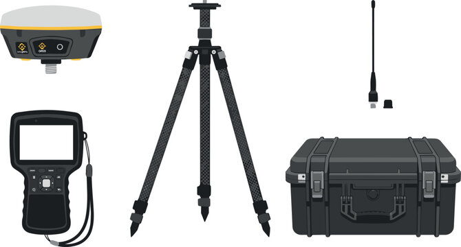 Geodetic GNSS RTK Surveying Equipment Set with GPS Receiver Head Carbon Fiber Tripod Handheld Data Collector and Protective Hard Case Vector Illustration