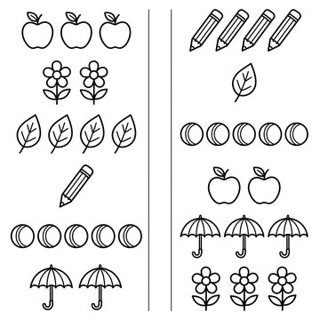 Kids Counting and Matching Worksheet With Simple Black and White Line Icons for Preschool Education