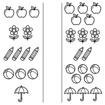Counting and Comparison Worksheet for Kids &mdash; Apples Flowers Pencils Balls Umbrella Icons