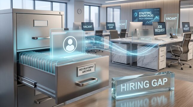 Staffing shortage and hiring gap concept showing digital recruitment archive trying to fill vacant office desks