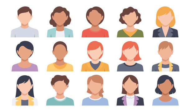 Diverse people avatar set vector illustration featuring faceless male and female user profile icons with various hairstyles and business casual clothing