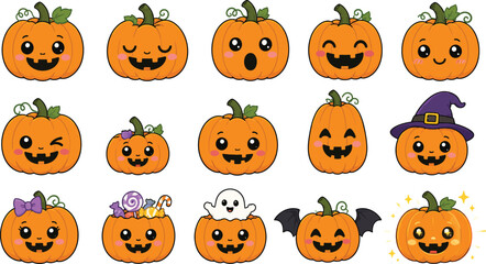 Naklejka premium Cute Halloween Pumpkin Faces Vector Illustration Set - Kawaii Jack-o'-Lantern Emoticons with Different Expressions, Witch Hat, Ghost, Bat Wings, and Candy for Festive Holiday Decor.