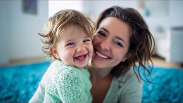 Loving mother kissing her cute laughing baby daughter on the cheek in a tender moment at home