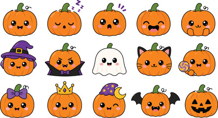 Fototapeta premium Kawaii Halloween Pumpkin Emojis Set, Cute Jack O Lantern Character Collection with Vampire, Ghost, Witch, and Cat Costumes, Spooky Fall Season Vector Illustration for Stickers and Decor
