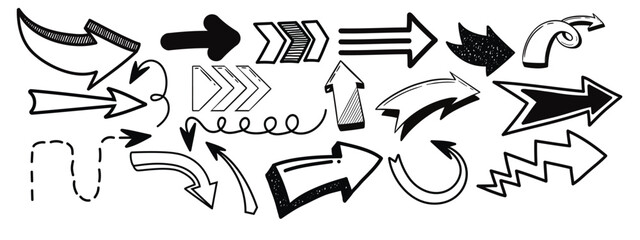 Fototapeta premium Hand drawn Charcoal arrows icons. Arrows mark icon isolated on transparent background. Scribble symbols of direction pointers, swirl arrow elements.
