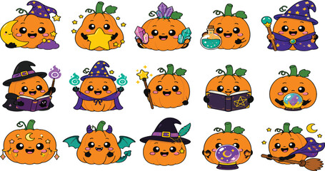 Fototapeta premium Set of Cute Kawaii Halloween Pumpkin Vector Clipart Featuring Magical Wizard Hats, Spellbooks, Crystals, and Potions for Festive Autumn Decorations, Stickers, and Kids DIY Projects.
