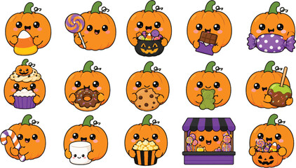 Fototapeta premium Cute Halloween Pumpkin Characters Set with Sweets and Treats, Kawaii Autumn Jack-o'-Lantern Vector Illustration Bundle for Kids, Fall Holiday Candy, Cookies, and Chocolate Stickers Pack