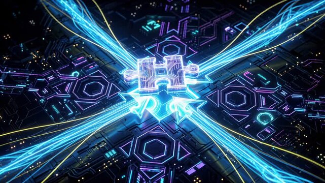 Colorful network connections on a circuit board with bright lights and patterns