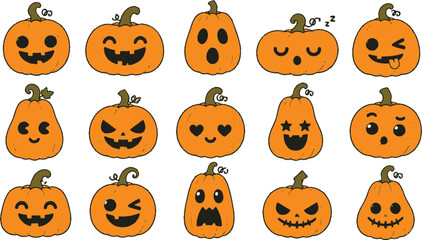 Obraz premium Large collection of cute and spooky Halloween pumpkin icons with different facial expressions, including happy, scary, and silly jack-o'-lanterns for autumn holiday graphic designs.