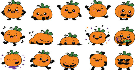 Naklejka premium Cute Pumpkin Mascot Character Set with Various Emotions and Poses for Halloween and Fall Season Designs - Kawaii Vector Illustration Bundle of Happy Orange Pumpkins Dancing and Sleeping