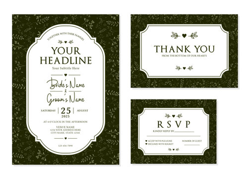 Dark Olive Green Subtle Botanical Wedding Invitation Suite Vector Template


