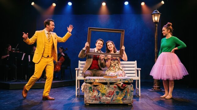 Vibrant Musical Theater Performance with Actors in Colorful Costumes on Stage with Props and Live Orchestra