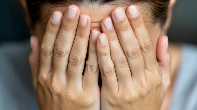 Person with hands covering face showing signs of distress in an indoor setting during the day