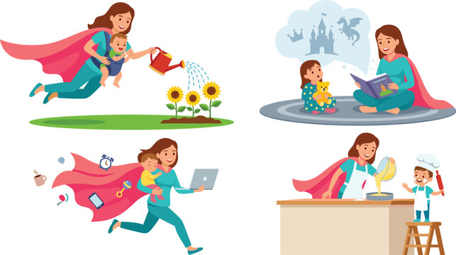 Super Mom Character Set with Mother Wearing Cape Flying while Watering Flowers Reading Fairy Tale Working and Baking with Kids