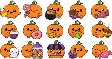 Fototapeta premium Adorable Kawaii Halloween Pumpkin Character Set with Sweet Treats and Candy: Cute Vector Illustration of Pumpkins Holding Candy Corn, Chocolate, Cupcakes, Donuts and Fall Party Favors.
