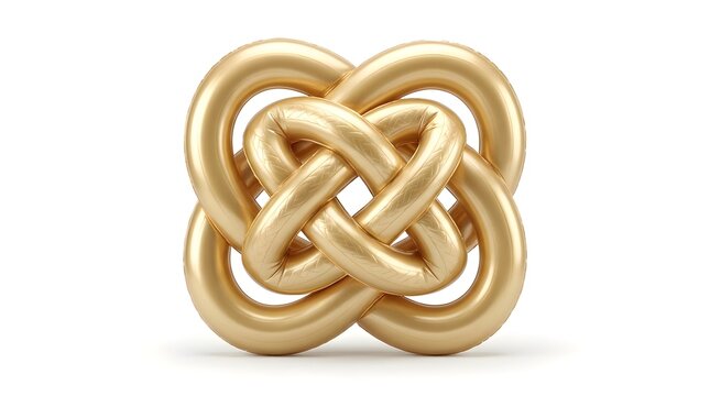 Golden infinity knot sculpture isolated on white background for spiritual and luxury design concepts