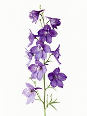Obraz premium Vibrant purple delphinium flower stem with delicate petals isolated on a clean white background