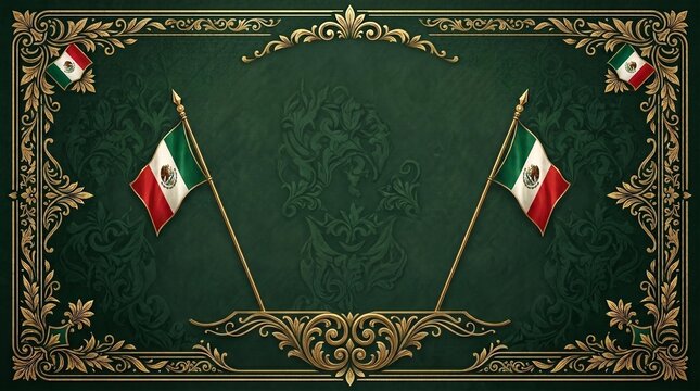 Mexican independence day gold frame with flags on green background