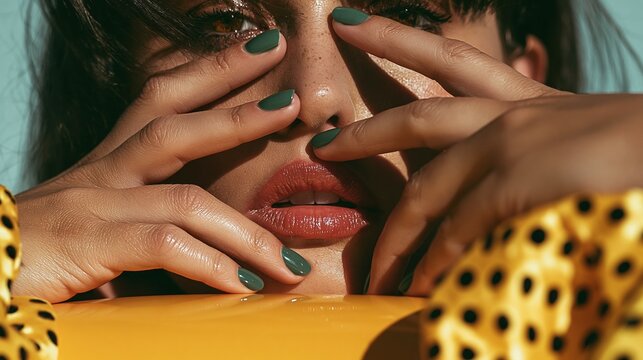 Close Up Portrait of a Woman with Dark Green Nail Polish and Yellow Polka Dot Fabric, Expressing Emotion