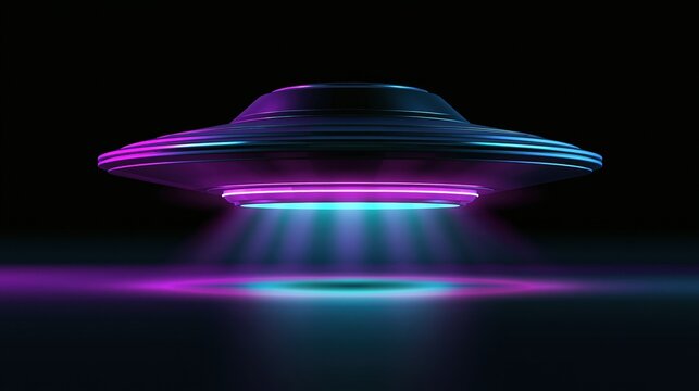 Futuristic UFO flying saucer with neon pink and blue lights illuminating a dark, reflective surface