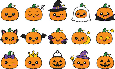 Fototapeta premium Cute Halloween Pumpkin Characters Collection, Kawaii Jack-o-Lantern Vector Illustration Set with Various Costumes and Expressions for Festive Stickers, Decor, and Autumn Season Design.