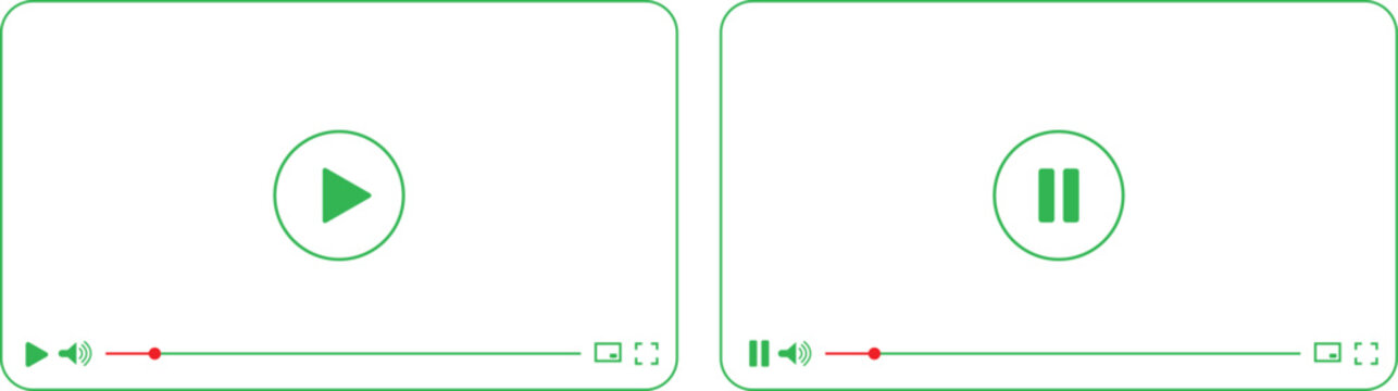 Green video player play and pause buttons interface icons set isolated on white background