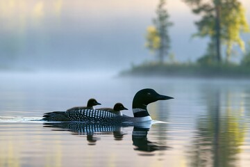 Obraz premium Majestic Common Loon Parent and Chicks Swimming on Misty Lake at Dawn