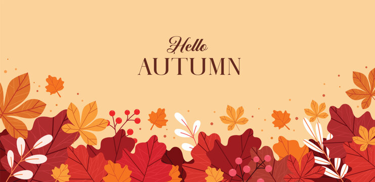 Hello Autumn greeting banner clipart design. Fall season background with a colorful foliage border, maple leaves, and berries for advertising, flyers, websites, and social media. Vector illustration.